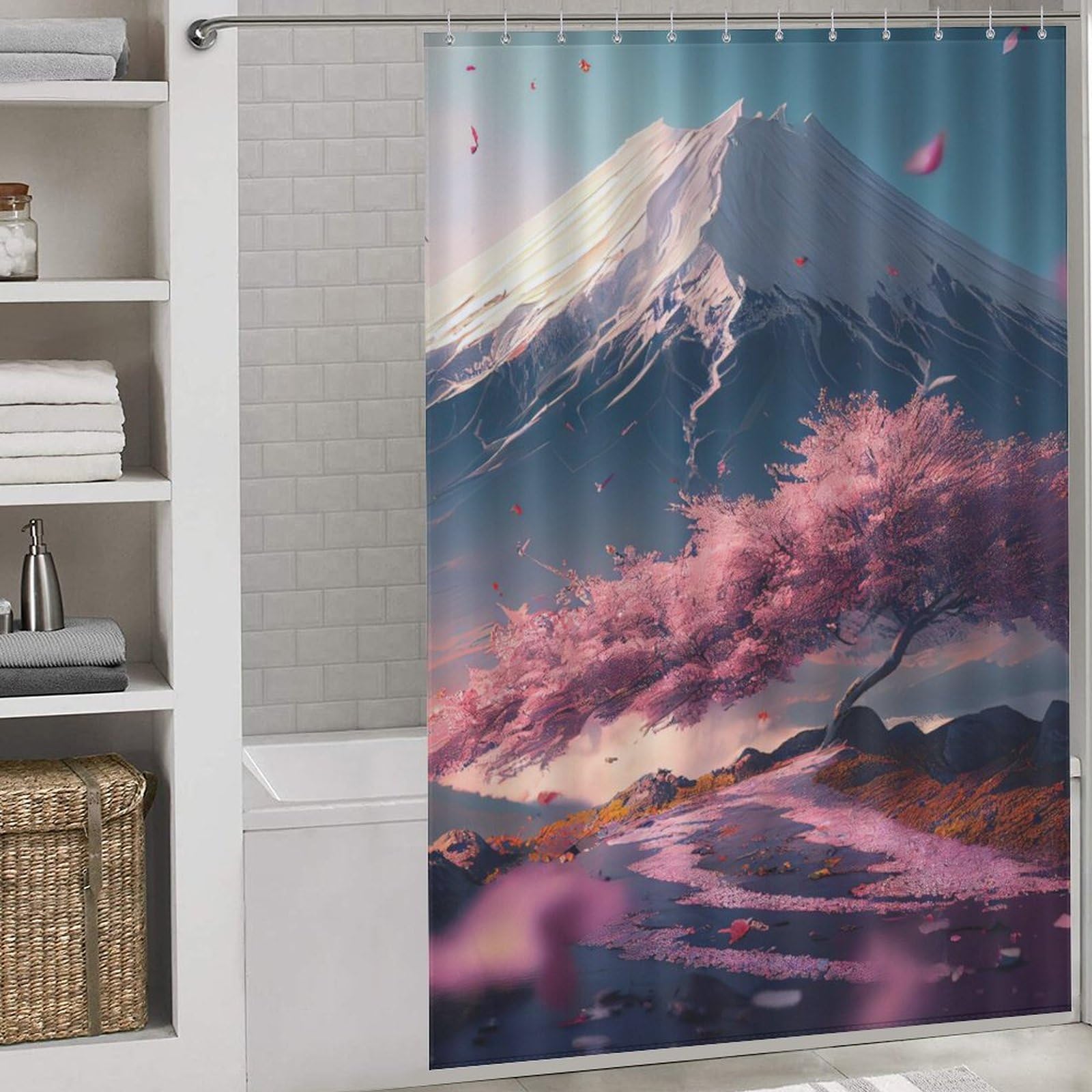 Rideau de douche cerisier 143x180cm en tissu polyester lavable et imperméable moderne