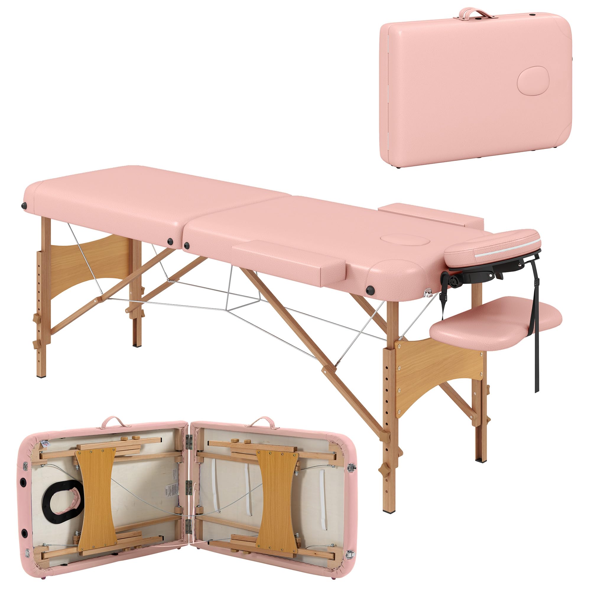 HOMCOM Camilla de Masaje Plegable 210x81 cm Camilla Estética Profesional con Reposacabezas Extraíble 2 Zonas Asa y Marco de Madera con Altura Regulable y Bolsa de Transporte Rosa