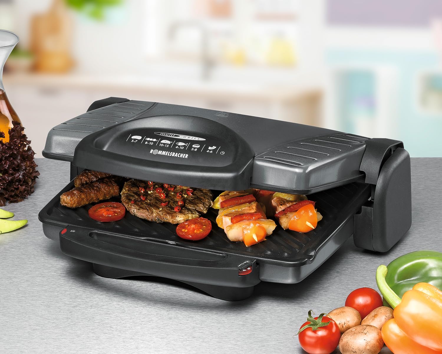 ROMMELSBACHER Multi Grill KG 1800 – flexible Höhenverstellung, komplett aufklappbar, stufenlos regelbar, herausnehmbare, antihaftbeschichtete Grillplatten je 33 x 24 cm, Fettablauf, 1800 Watt