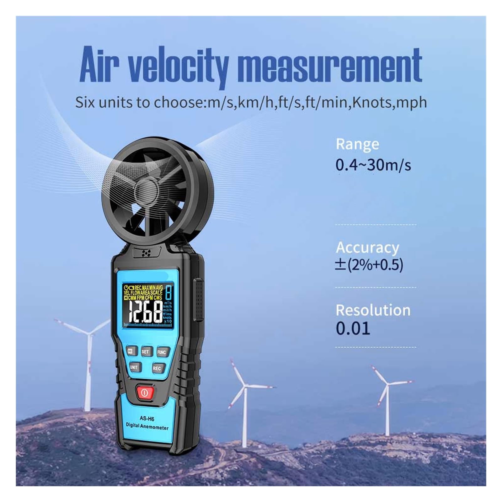 Anemómetro Digital medidor de velocidad del viento mano, energía eólica, medición temperatura y humedad, probador volumen aire(H6)