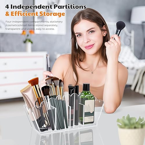 Miniatura 2 de Portalápices acrílico festoneado, organizador de escritorio transparente con 4 compartimentos, soporte para brochas de maquillaje y organizador