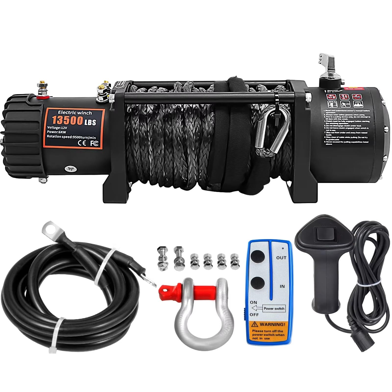Wciągarka na kable elektryczne Wciągarka elektryczna 13500LBS 12 V 27 M / 92FT Wciągnik Treuils do podnoszenia liny syntetycznej do pojazdów 4X4 Wciągnik łańcuchowy