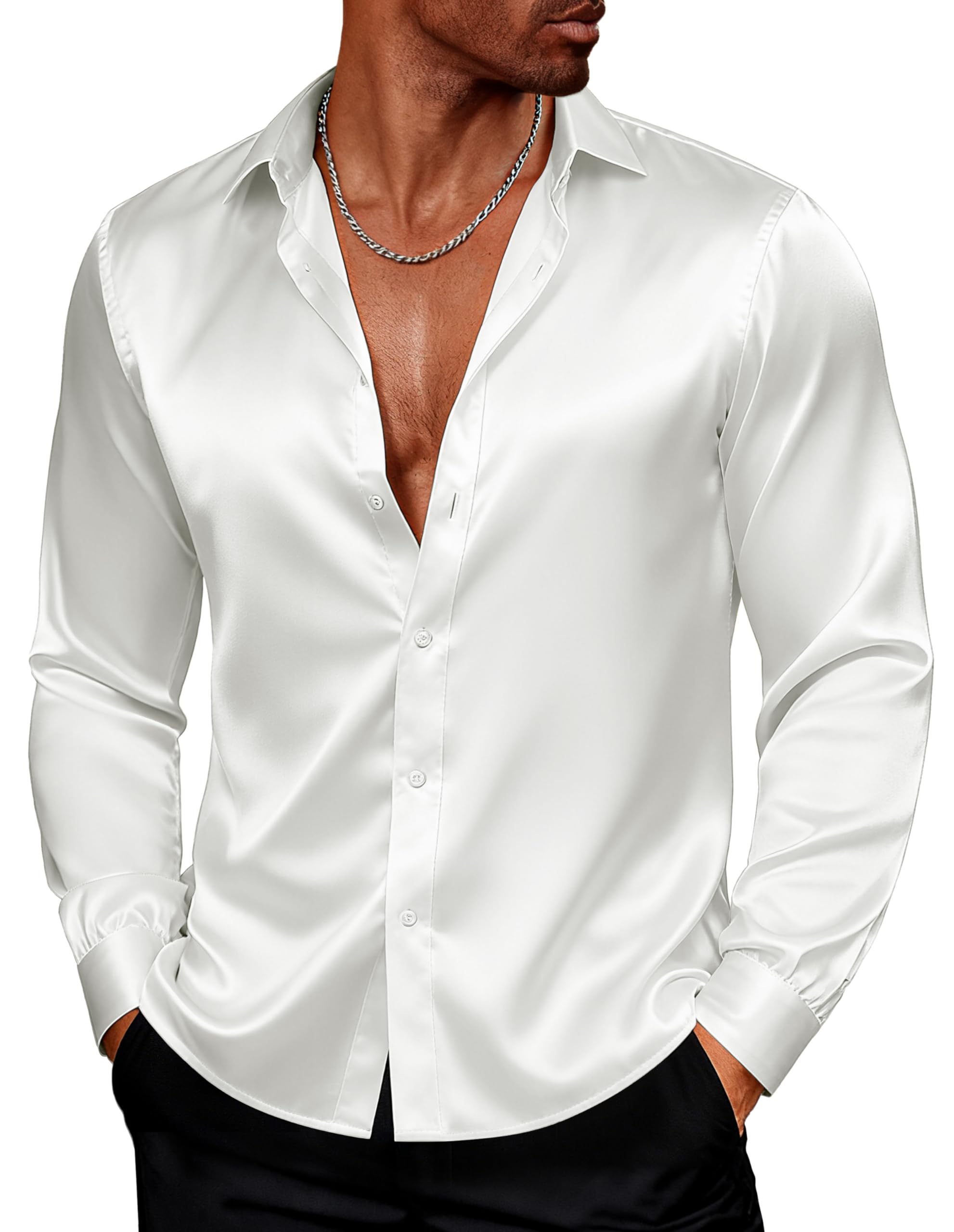 PJ PAUL JONES Men's Shiny Satin Dress Shirts Long Sleeve Button Down Silk Shirt with Bow Tie