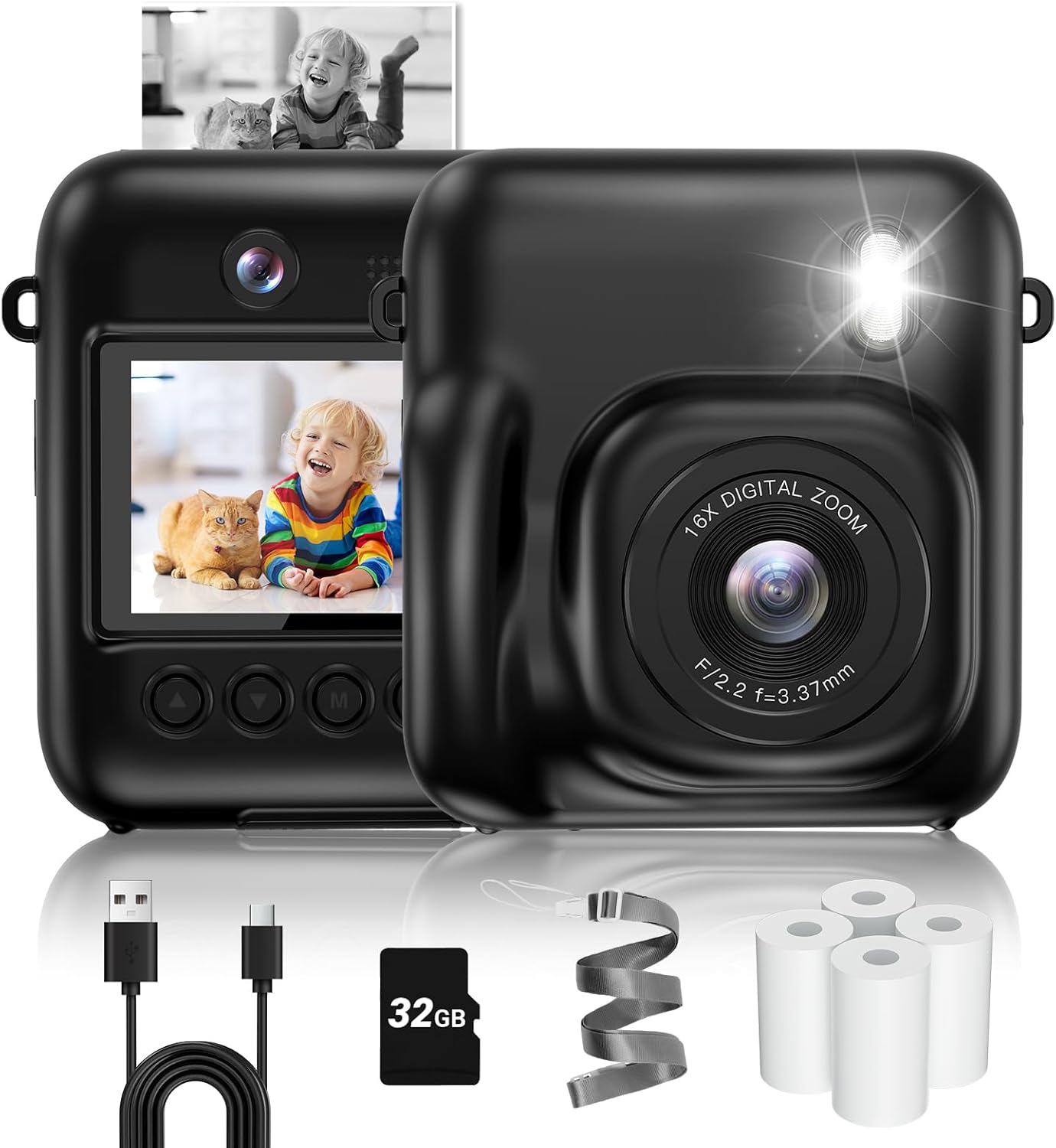 Instant Camera, Dual-Lens Kids Camera Christmas Birthday Gifts, 48MP 1080P Selfie Instant Print Cameras for Kids, Toddle Digital Camera Toy for Girls Boys Age 3 4 5 6 7 8 9 10 (Black)