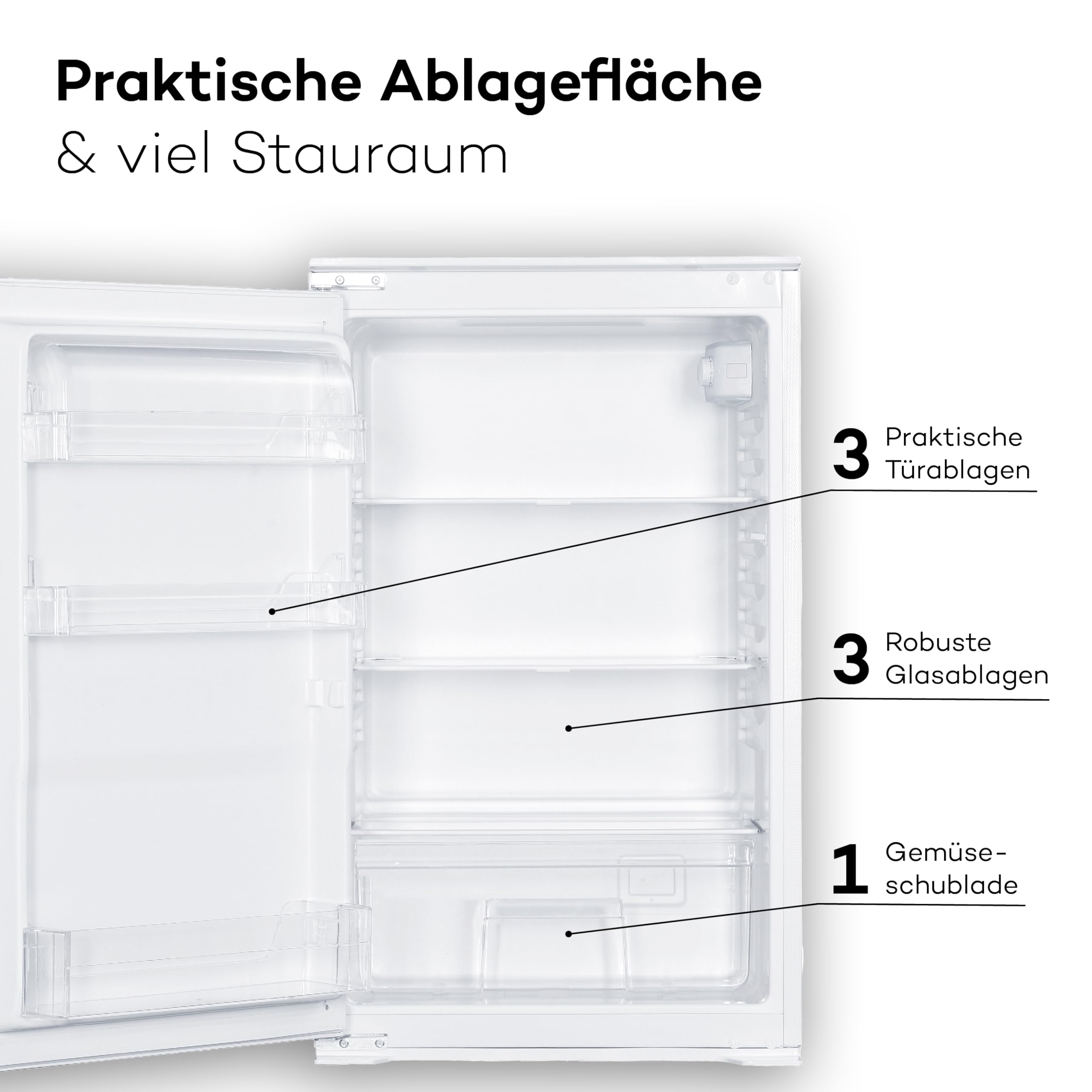 SCHOEPF – KSE510A+ Einbau-Kühlschrank 129 L – Leise 39 dB – Automatisches Abtauen – 88 x 54 x 54 cm – Wechselbarer Türanschlag – Vollraum-Kühlschrank mit Glasablagen und Gemüseschublade