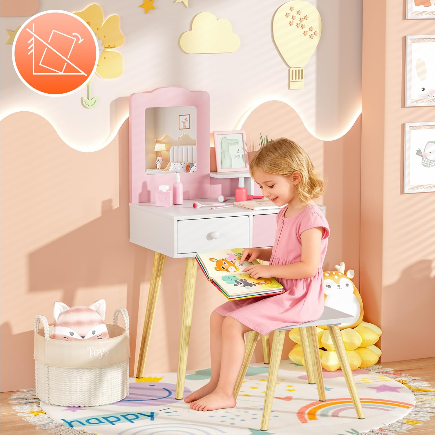 MAMIZO Schminktisch Kinder Set, Kinderschminktisch Holz mit Abnehmbarem Spiegel und 2 Schubladen, Schreibtisch mit Hocker, Prinzessin Frisiertisch ab 3 Jahre, 60x40x108 cm, Rosa