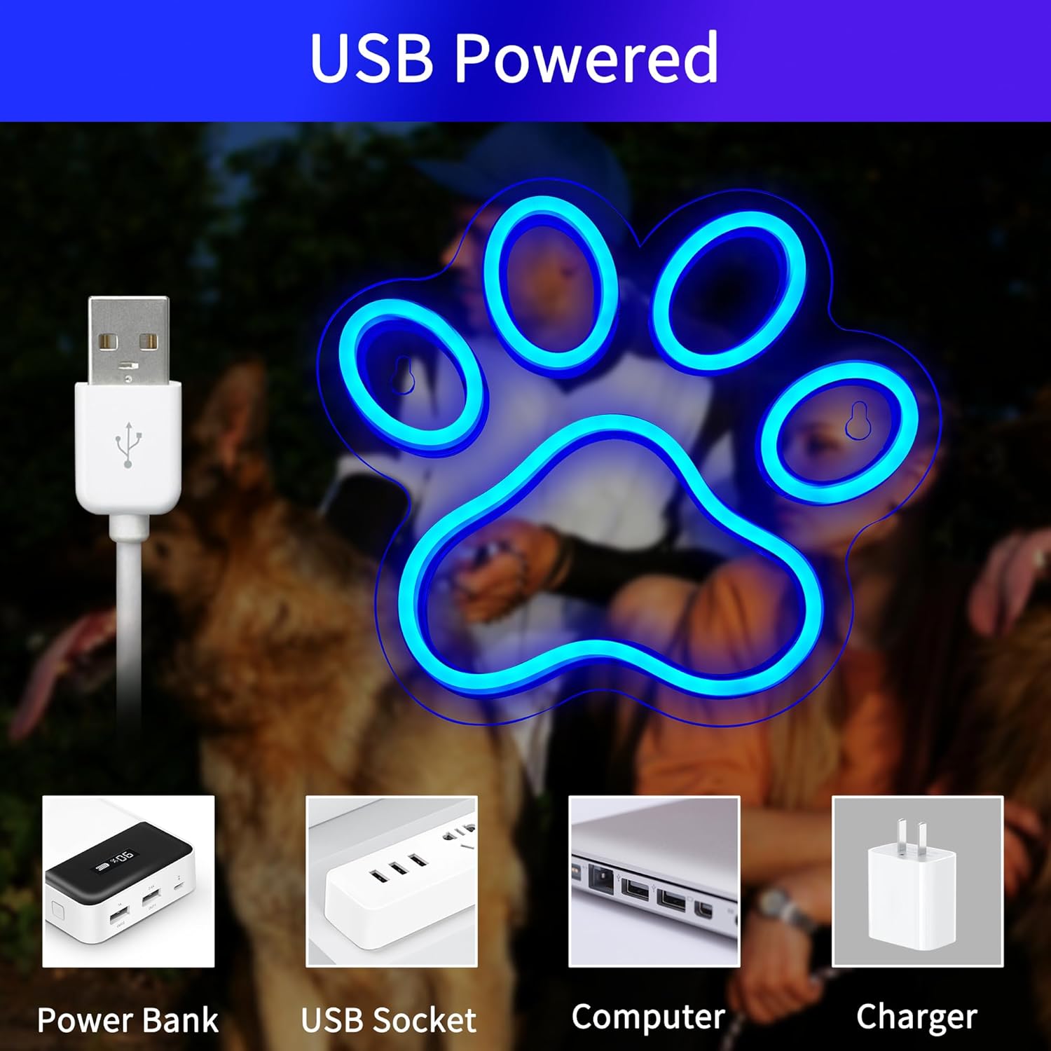 Dog Paw Neon Sign - Paw Print Neon Sign for Bedroom Wall Decor, USB Powered LED Dogs Light Signs, Brightness Dimmable, Cute Dog Gifts for Girls Boys Birthday Party Christmas - Blue