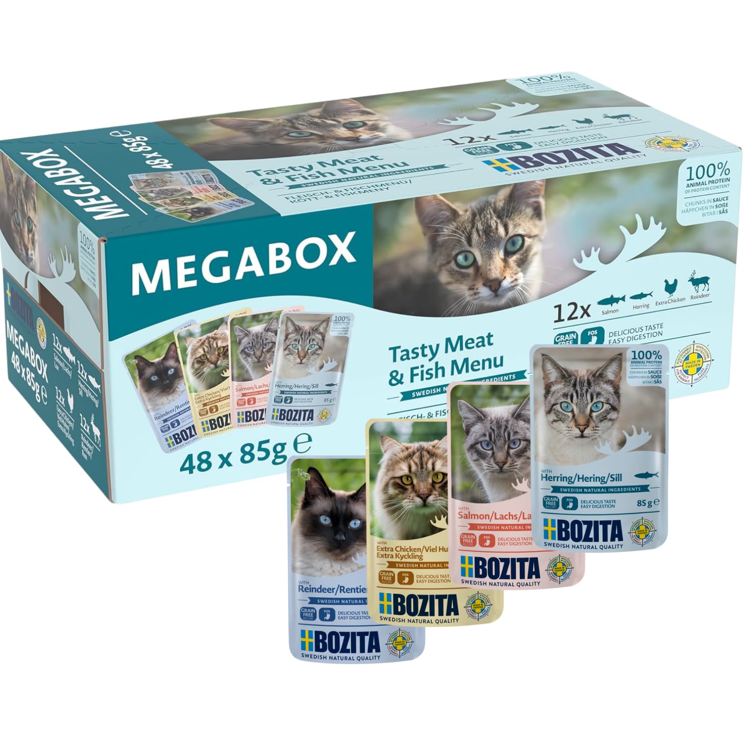 BOZITA Megabox Cat Appetizers in Sauce Portion Bag 48 x 85 g – Super Delicious, Grain-Free, No Sugar – 12 x Reindeer, Lots of Chicken, Salmon, Herring – MEGAPACK
