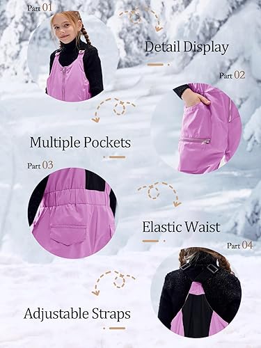 Miniatura 6 de Haloumoning Baberos de nieve para niñas, pantalones de esquí impermeables con aislamiento para snowboard, traje de nieve de 5 a 14 años