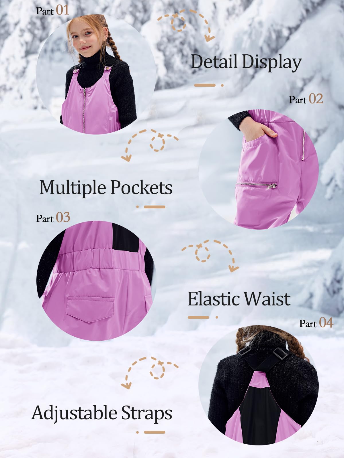 Haloumoning Bavaglini da neve per bambini, pantaloni da sci impermeabili isolati, tuta da snowboard 5-14 anni