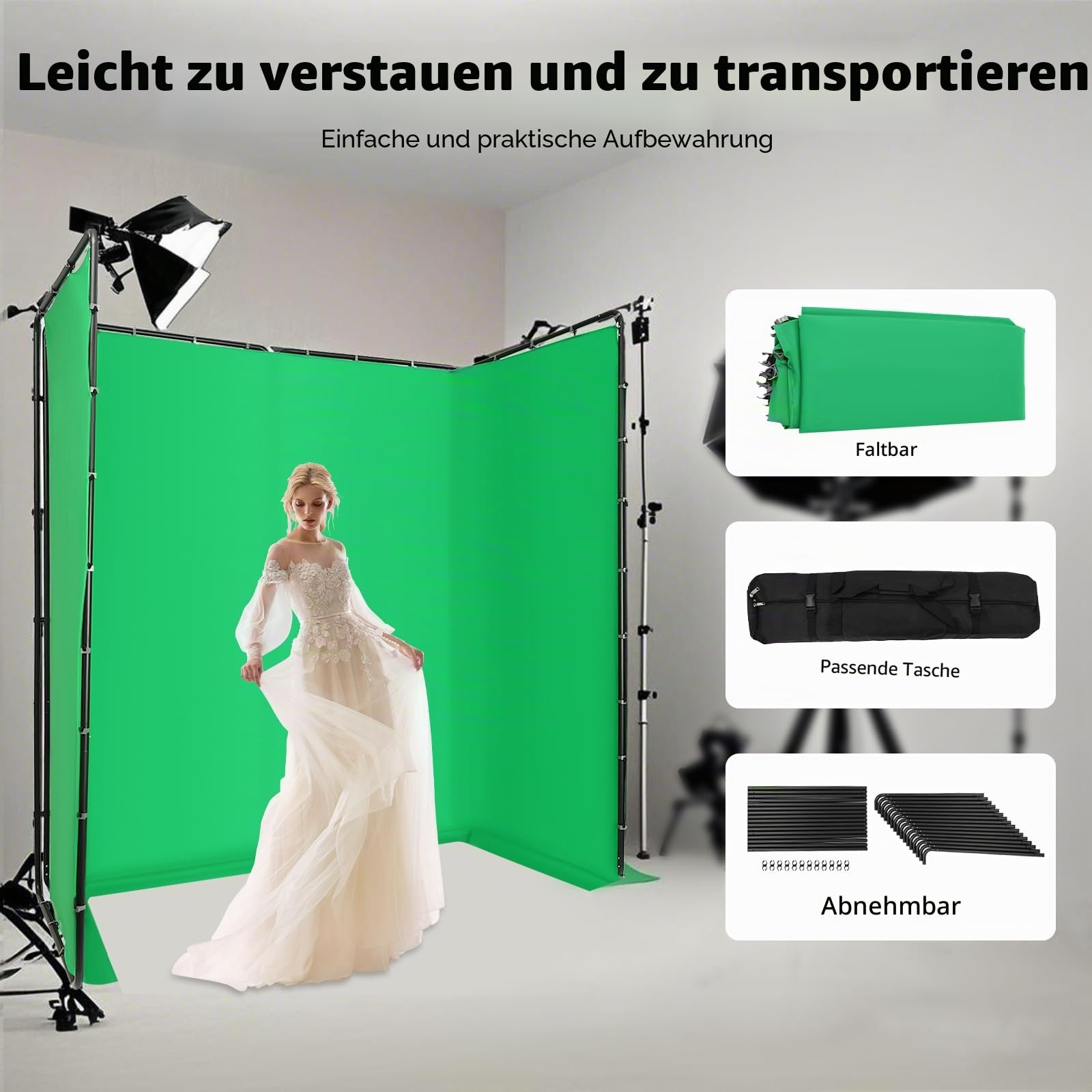 Fotoleinwand Hintergrund, Professionelles Fotostudio Set 4 * 2.4m Foto Hintergrund Ständer Set, mit Verstellbarer Hintergrundständer und Grünes Tuch, für Fotografie, Videoaufnahme