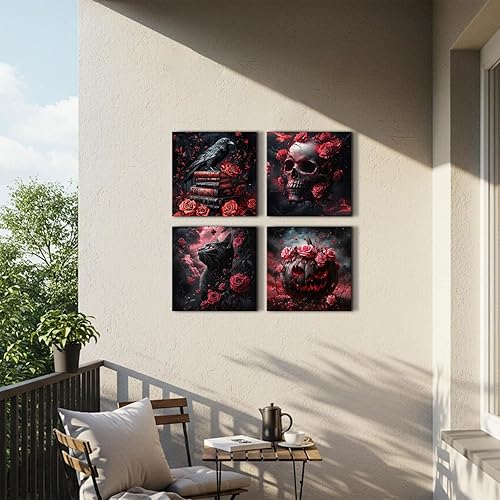 Miniatura 5 de Lienzo gótico para pared, diseño de rosa romántica, decoración de pared de Halloween, pintura gótica oscura, gato negro, cuervo, calabaza, calavera,