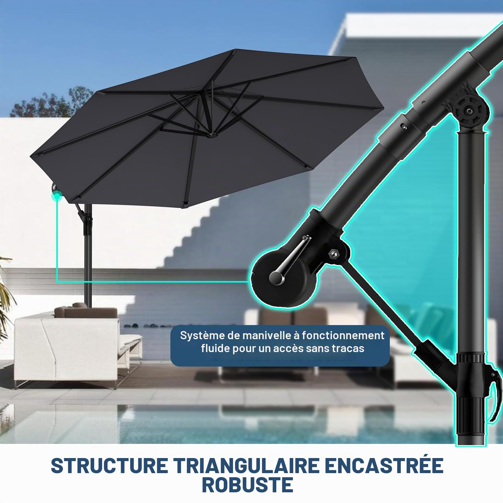 Parasol déporté 300/350cm – Manivelle orientable 360°, UV40+ & imperméable pour jardin/terrasse. Version LED optionnelle, base croix stable, résistant aux intempéries.