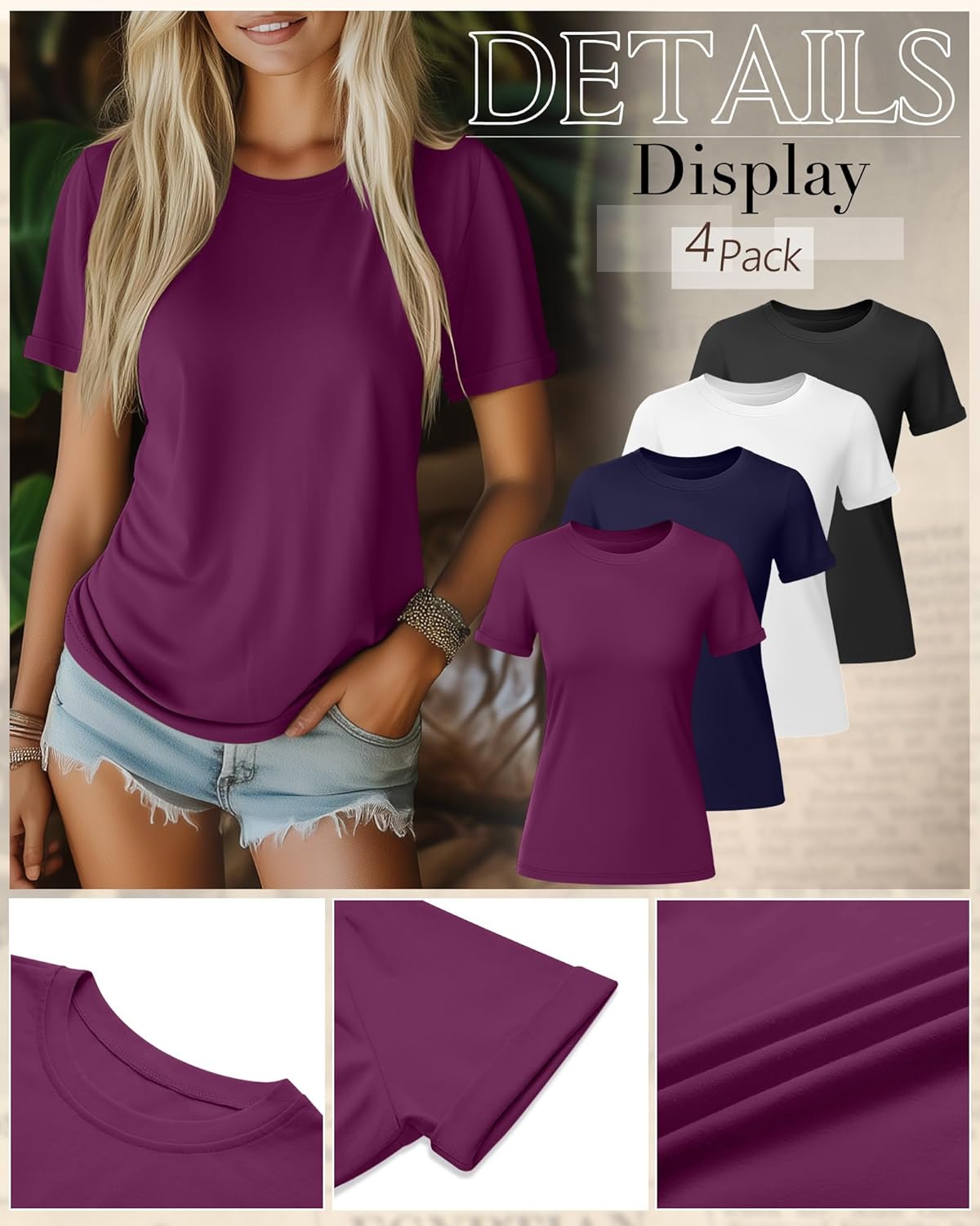 Ficerd 4 Pack Women's Cotton T Shirts Casual Short Sleeve Tunic Tops Crewneck Plain Summer Loose Fit Rolled Sleeve Basic Tee - Image 6