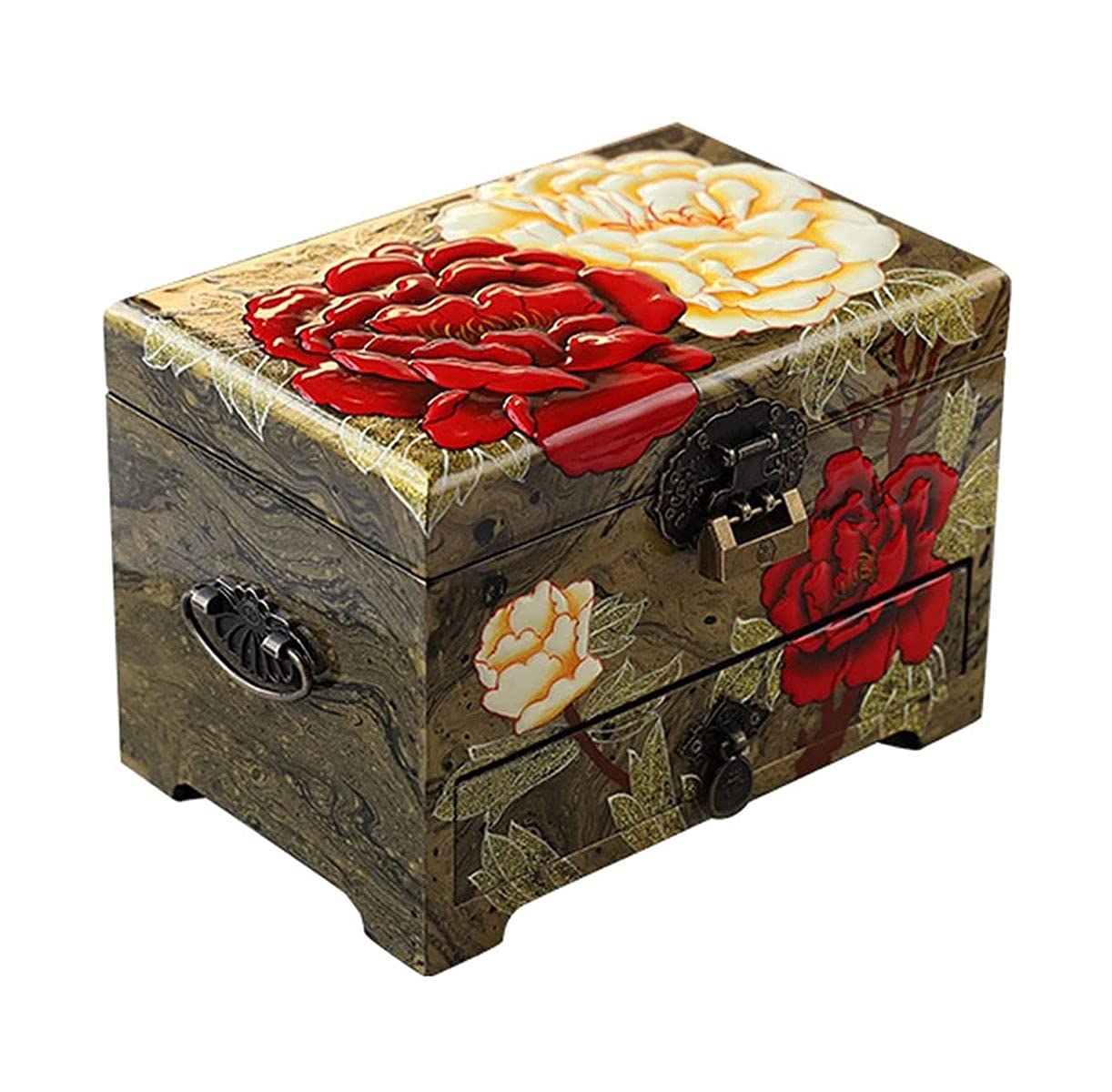 Handmade Floral Jewelry Box with Lock and Key for Women Girls Girlfriend Wife Ideal Large Jewelry Organizer Storage