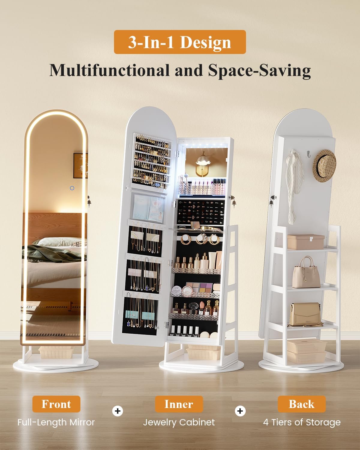 LVSOMT Arched LED Mirror Jewelry Cabinet Standing, Lockable Jewelry Armoire with Mirror, Jewelry Mirror Organizer Full Length, Adjustable Lights, Space-Saving for Bedroom, Gift for Women, Black