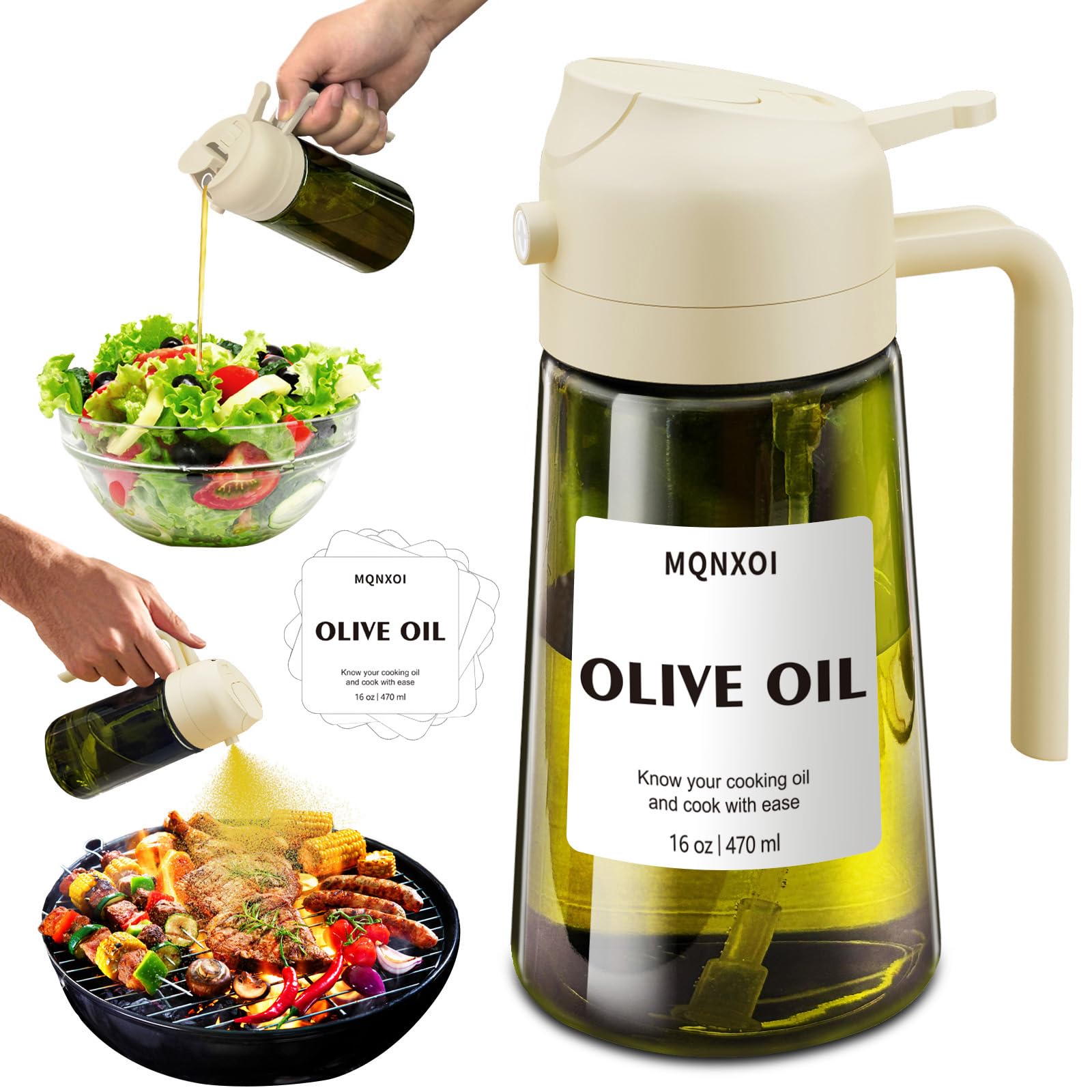 Oil Sprayer for Cooking, 2 in 1 Olive Oil Dispenser Bottle for Kitchen, 16oz/470ml Premium Glass Oil Bottle, Food-grade Oil Mister for Air Fryer, Salad, Frying, BBQ (White + Dark Green Bottle)