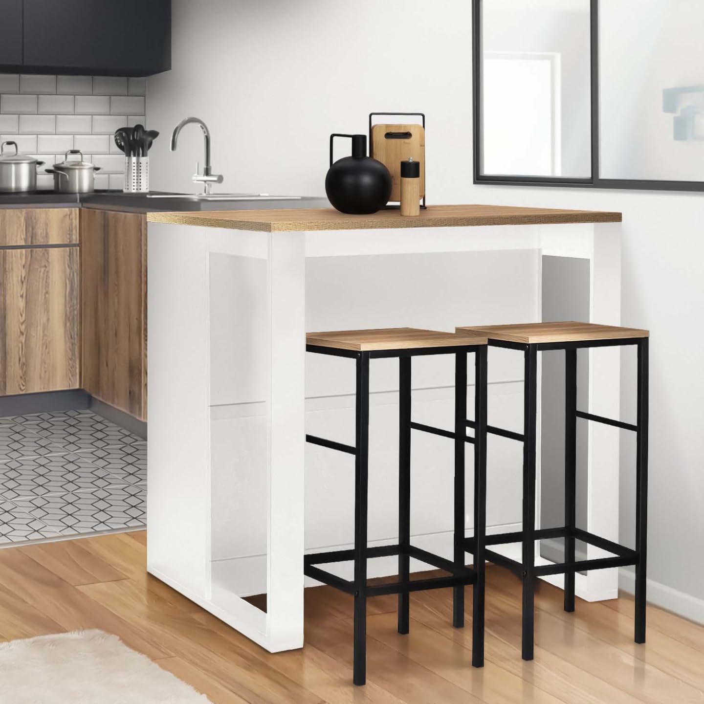IDMarket – Mesa de Bar îlot Juno de Madera Blanca con Tablero de imitación de haya