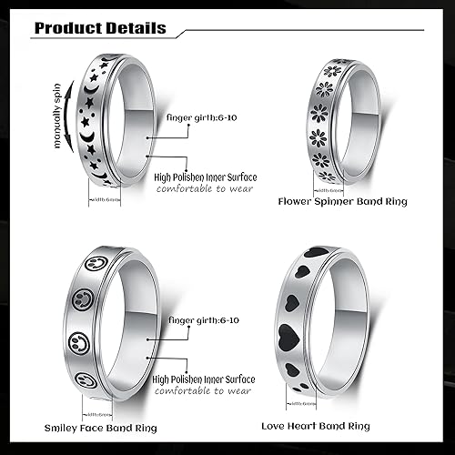 Miniatura 2 de LuckyAmor Anillo de ansiedad para mujer, anillos giratorios anillos giratorios de acero inoxidable de 0.236 pulgadas (0.236 in) con luna y estrella