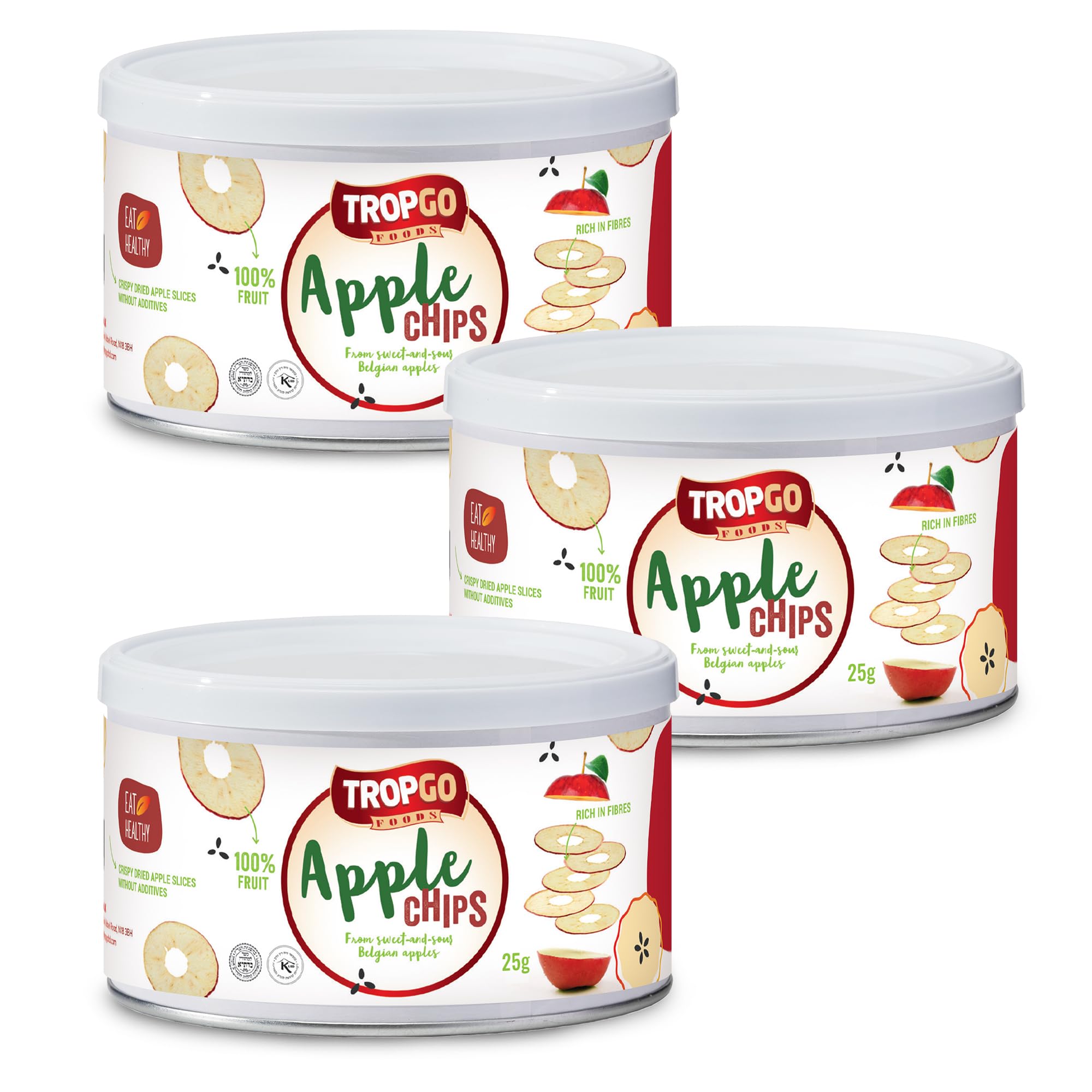 Tropgo Belgian Red Apple Chips - Pack of 3 - Healthy Snacks for Kids, 25g Tin - 100% Natural Fruit Snacks, Delicious and Crunchy Apple Crisps Lunchbox Snacks for Kids