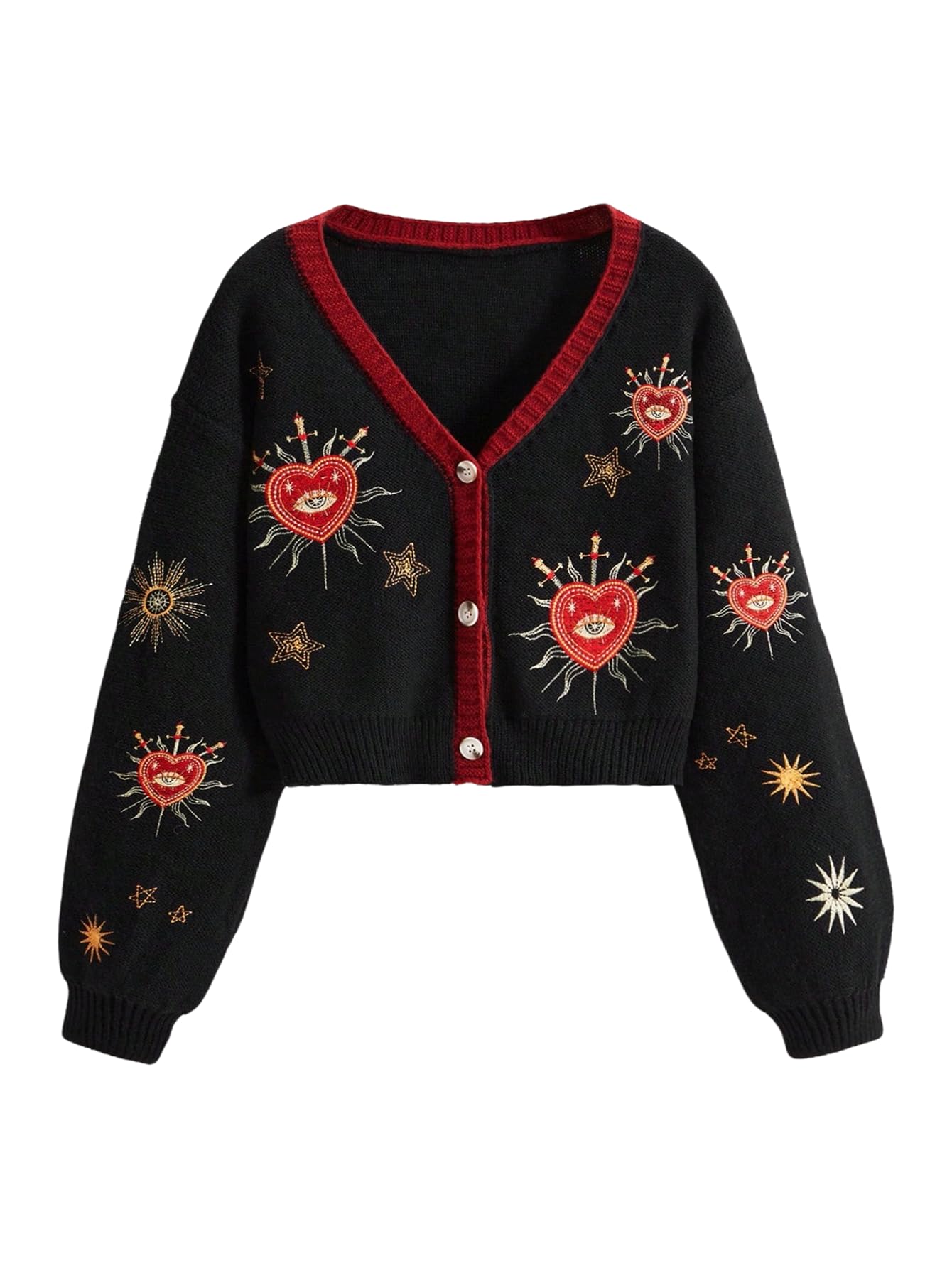 Womens Goth Cardigan Sweater Gothic Moon Star Cardigan Embroidered Crop Sweater Button Down Knit Top Outerwear