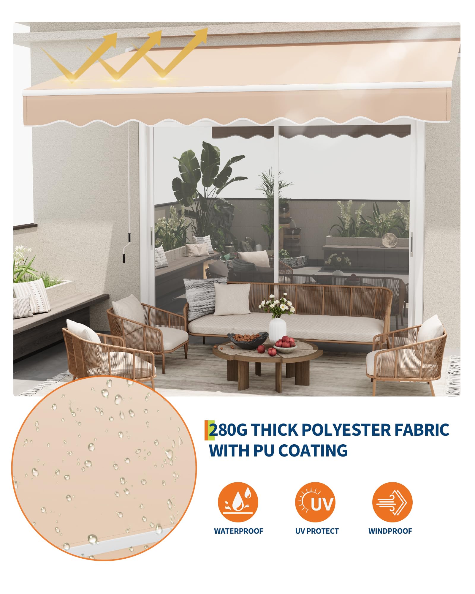 GarveeHome Store à Bras articulé 400 x 250 cm, UV50+ et imperméable, avec manivelle et Support Mural, Longueur + Angle réglable, Store pour terrasse et Balcon, Protection Solaire, Store de Balcon
