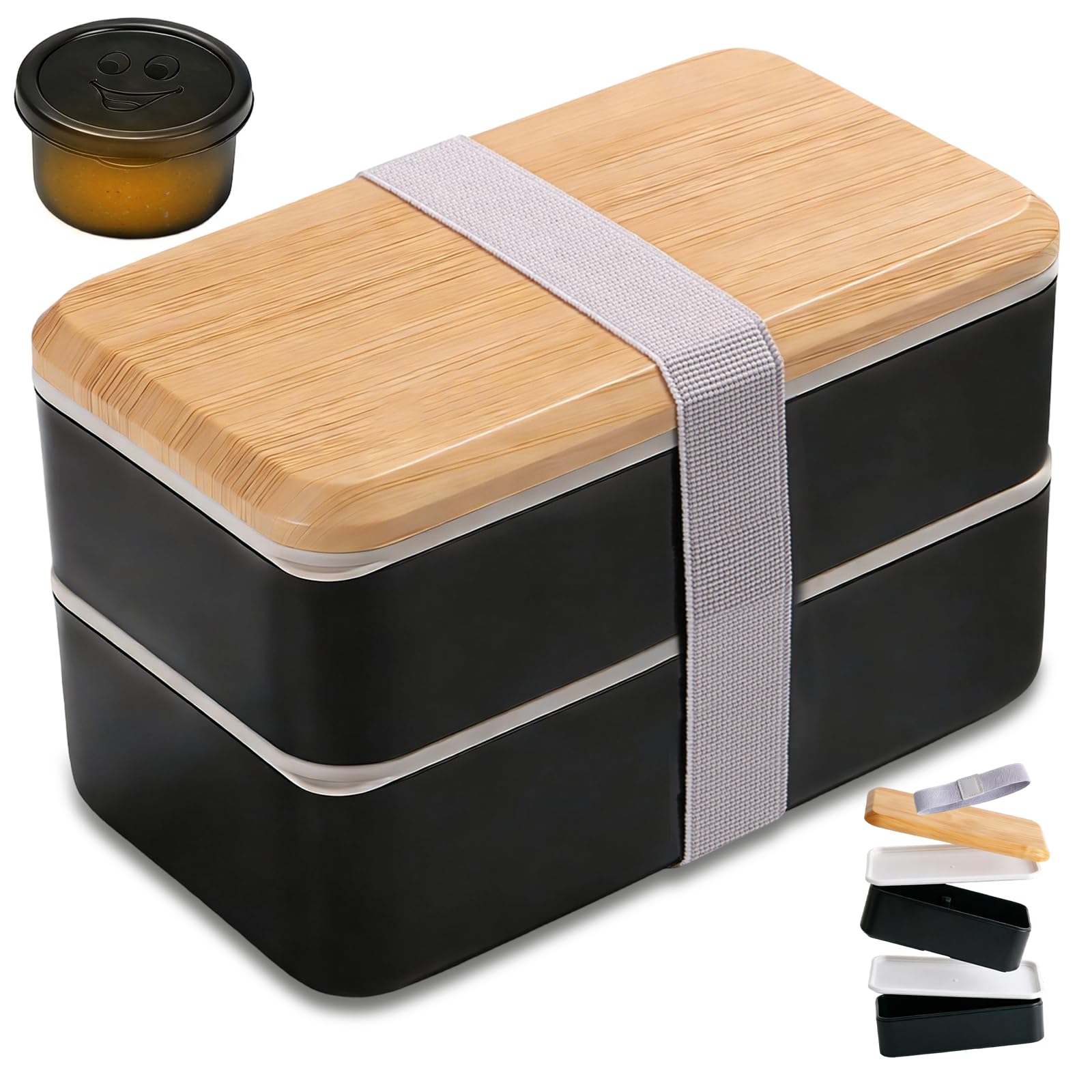 Eidoct Women's Black 1400Ml Bento Box Lunch Boxes For Adults, Stackable Leak-Proof Lunch Container With Compartments, Japanese Style Lunchbox With Sauce Pot & Cutlery Set, Microwaveable & Dishwasher Safe (Black)