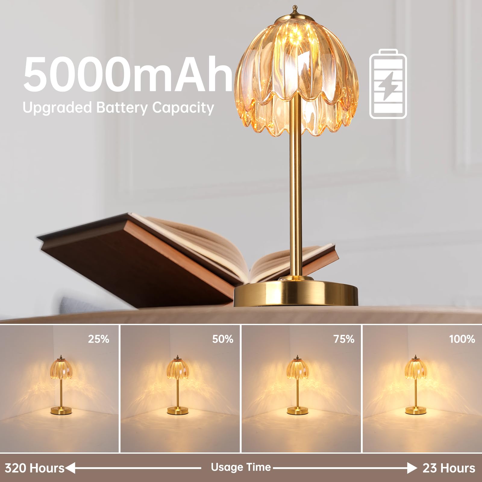 Shenmoyl Set mit 2 Tulpen-Tischlampen mit 5000 mAh Akku und Touch-Steuerung, schnurlose Tischlampe mit 3 Farben, dimmbare wiederaufladbare Tischlampen für Schlafzimmer, Wohnzimmer, Eingänge