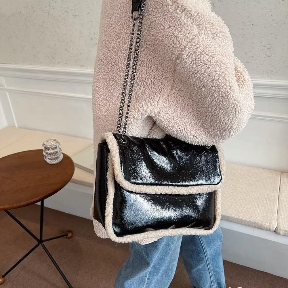 Mudono Shoulder Bag for Women Soft Glossy Crossbody Bag Square Purse Handbag with Faux Shearling Trim and Chain Strap