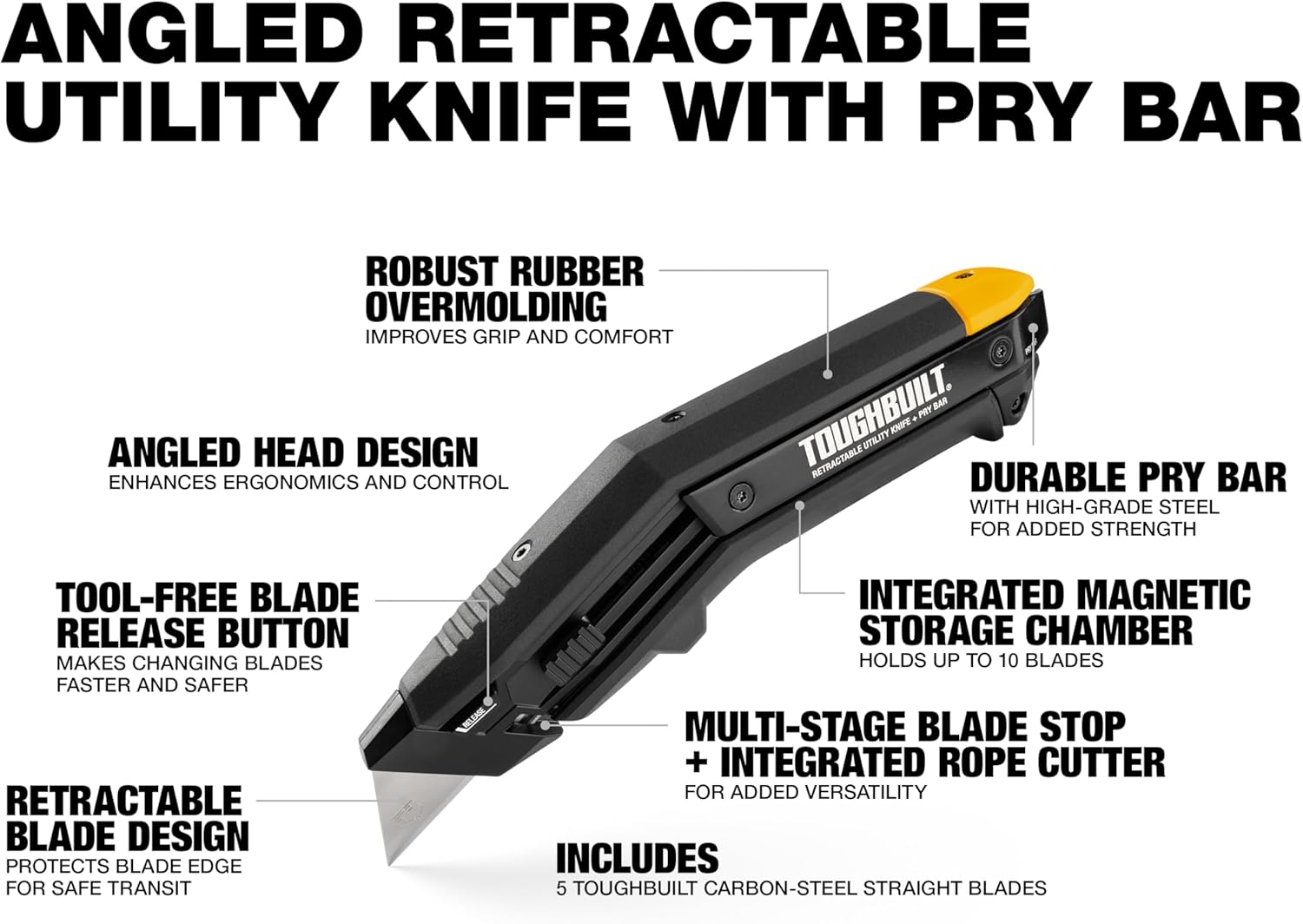 ToughBuilt – Angled Utility Knife with Pry Bar, Folding Knife with Ergonomic Angled Design, Integrated Pry Bar, Scraper Edge, and Quick-Change Blade System for Professional Jobsite Use (TB-H4-11-A)