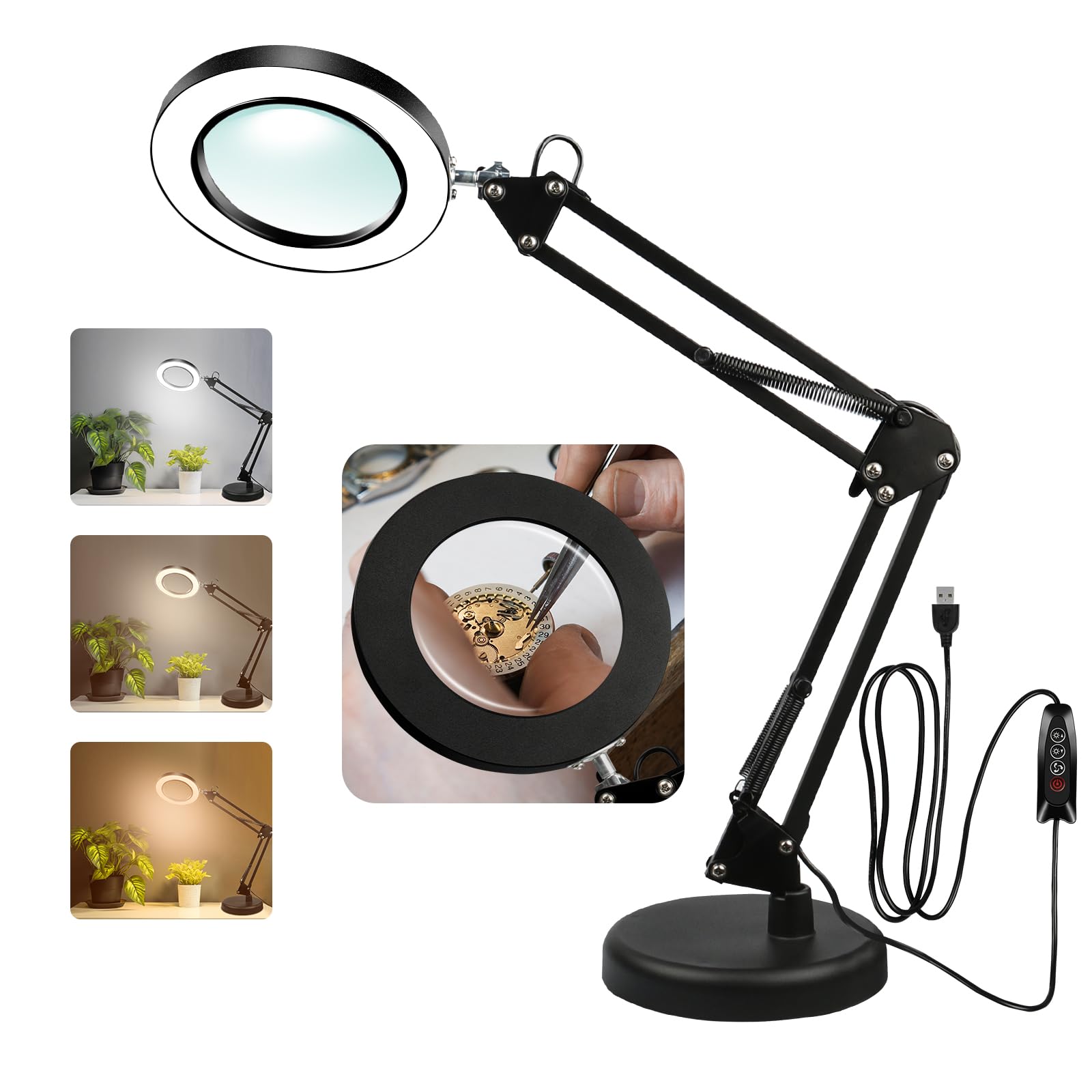 Zhiwei 10x Magnifying Glass with Light and Stand, 3 Color Modes Desk Lamp, Adjustable Swing Arm