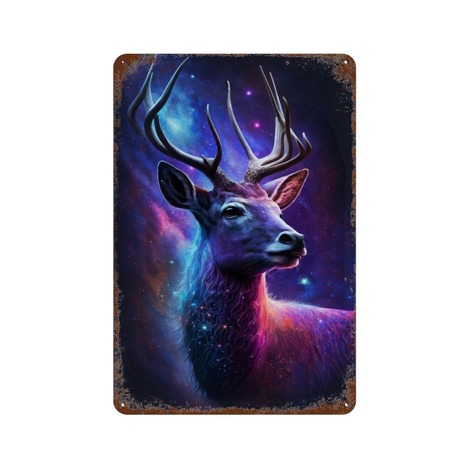 Vintage Rust Metal Sign with Cosmic Deer Portrait Design 11.8"x7.9", for Office, Studio And Wall Decor, Farmhouse Wall Decor