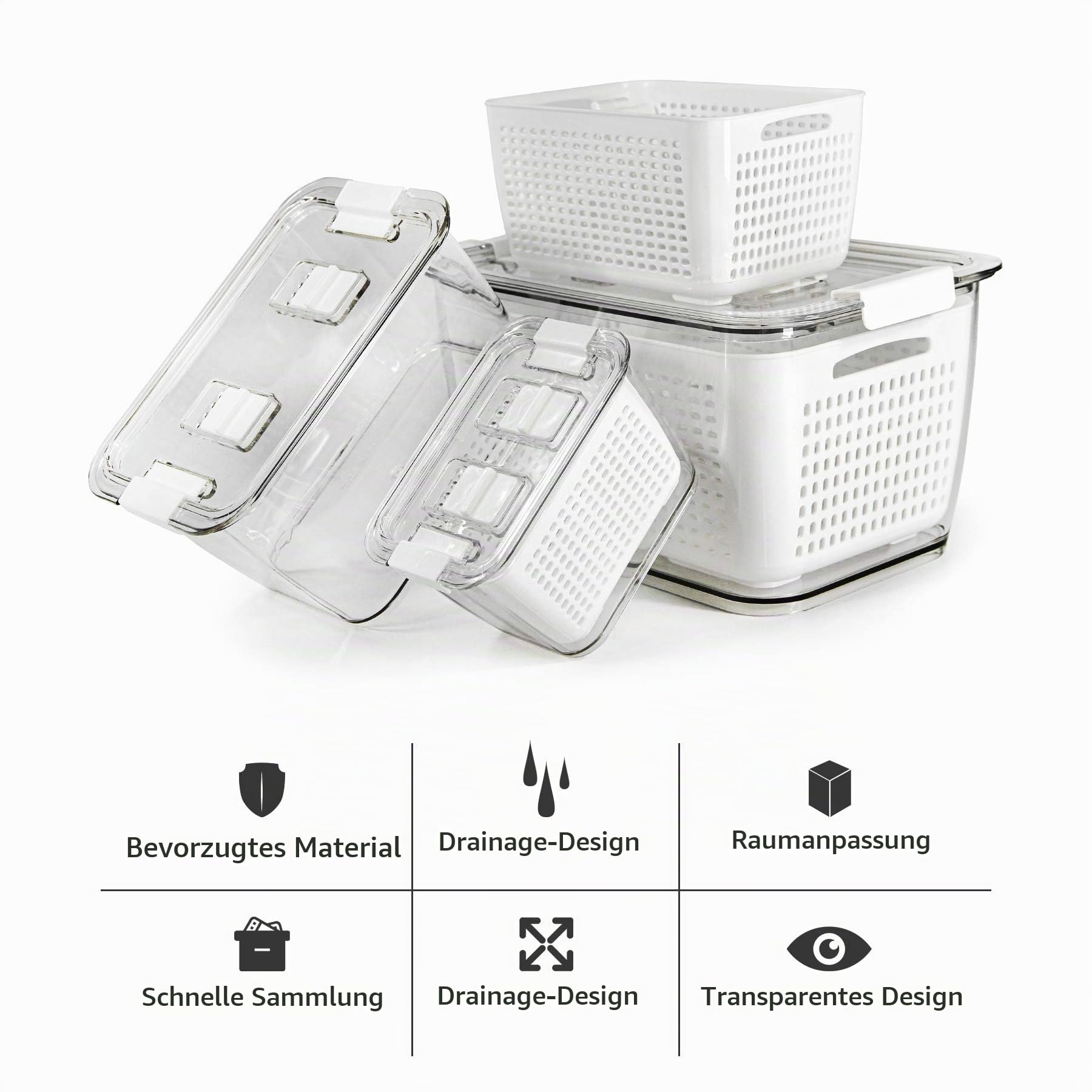 Spesh Frischhaltedosen Set Kühlschrank Organizer Wiederverwendbar Vorratsdosen 3er-Set (0,5L+1,7L+4,5L) Kunststoff Kühlschrank Organizer Set mit Deckel und Abtropfsieb (Weiß,3er Set)