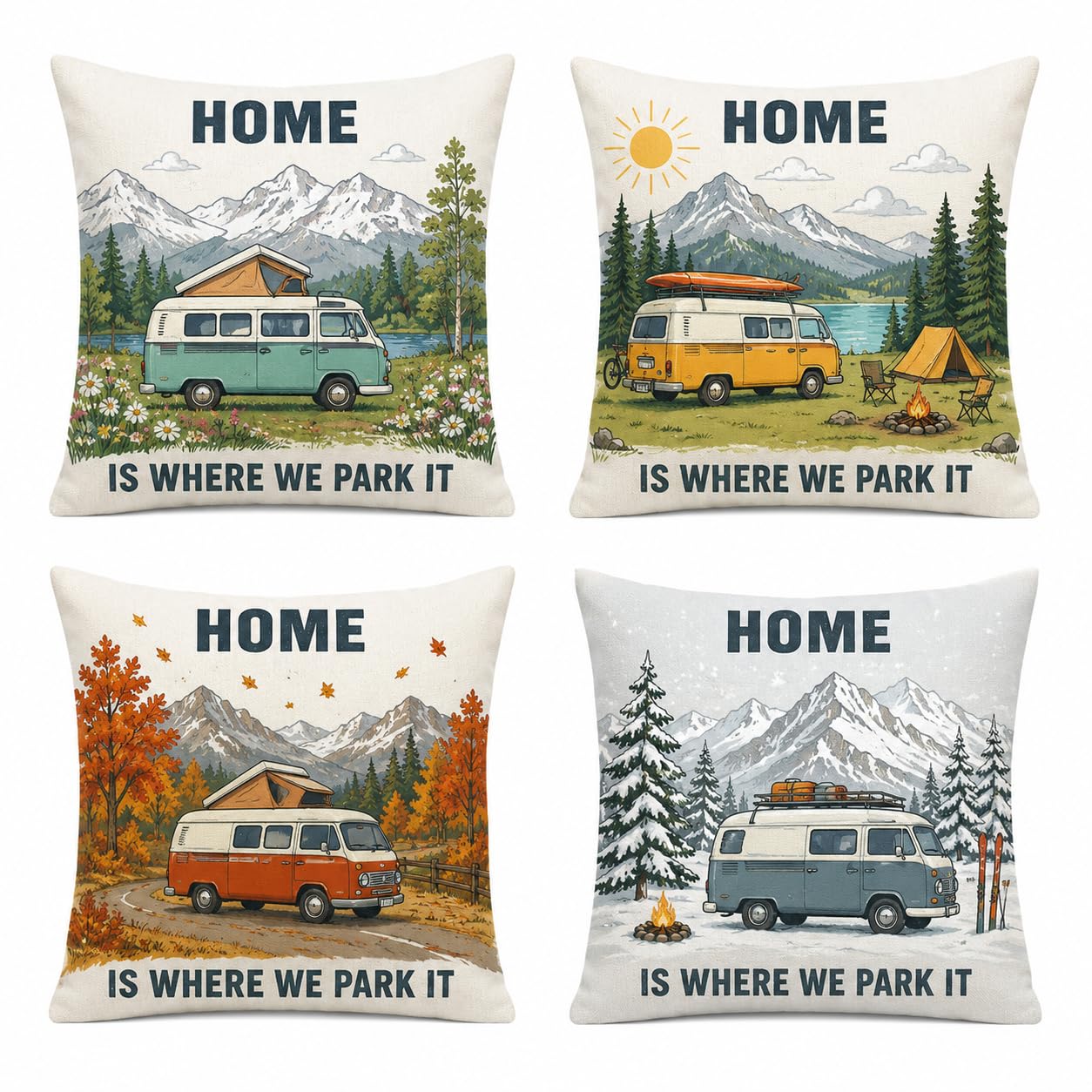 Pillow Covers, 4-Pack 45 x 45 cm Camper Van Seasonal Printed Designs