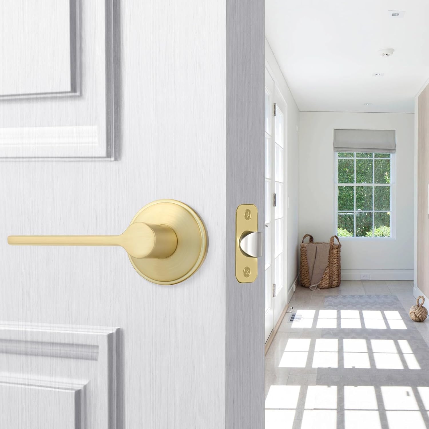 Goldenwarm 6 Pack Interior Closet Door Handles, Brushed Brass Indoor Door Handle, Brushed Gold Passage Door Lever for Hall and Closet, Heavy Duty Zinc Alloy, Easy Installation