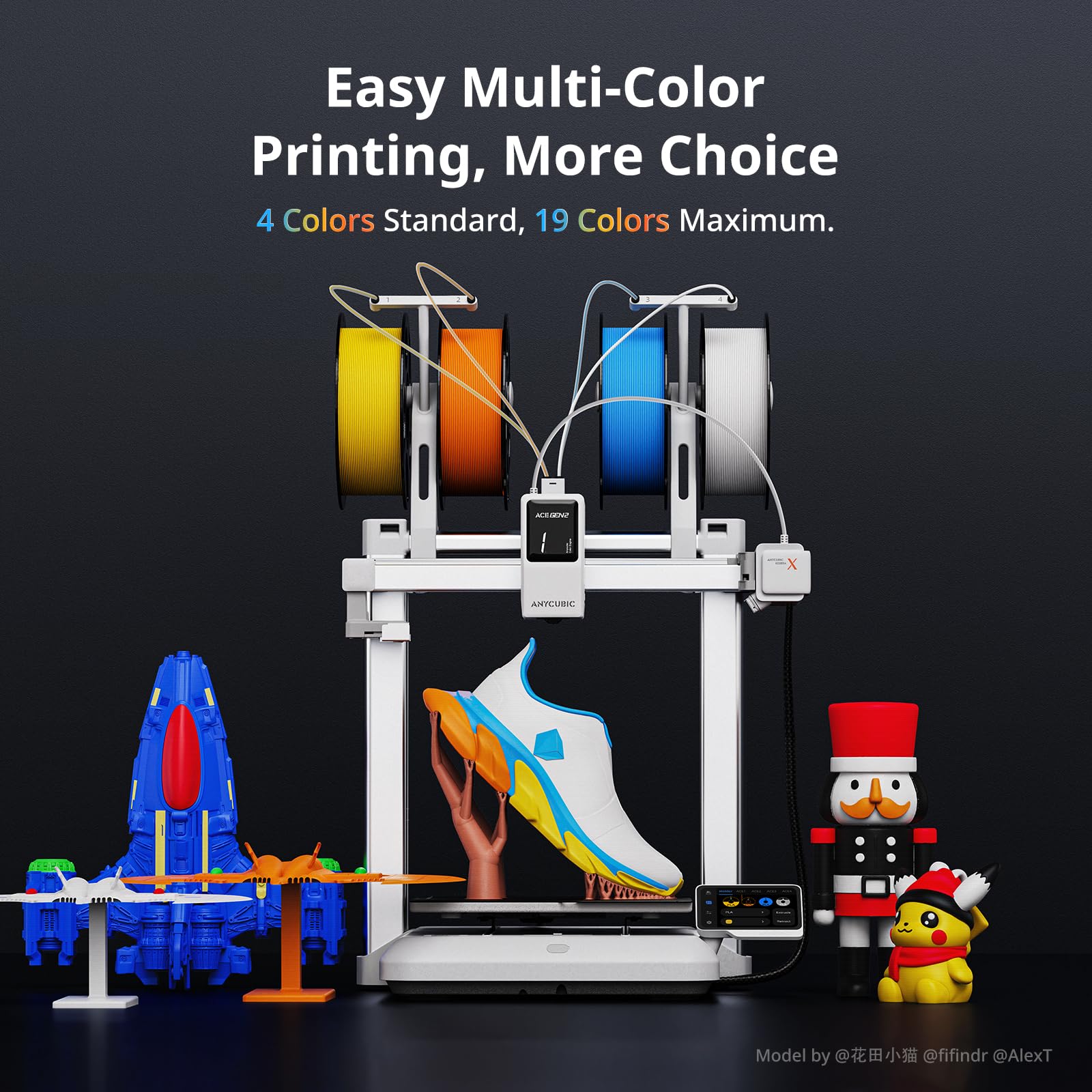 Drukarka 3D Anycubic Kobra X, wysoce zintegrowana wielokolorowa ekstruder skraca czas drukowania, drukowanie z użyciem miękkiego i twardego filamentu, prędkość do 600 mm/s, 260 x 260 x 260 mm