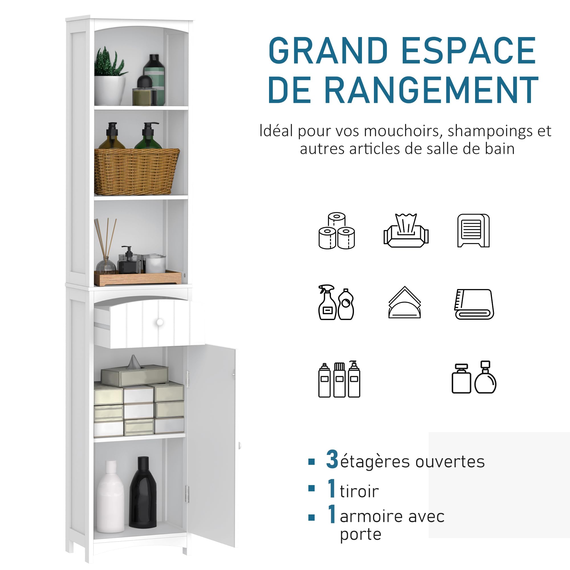 HOMCOM Meuble Colonne de Salle de Bain 34L x 24l x 170H cm Blanc