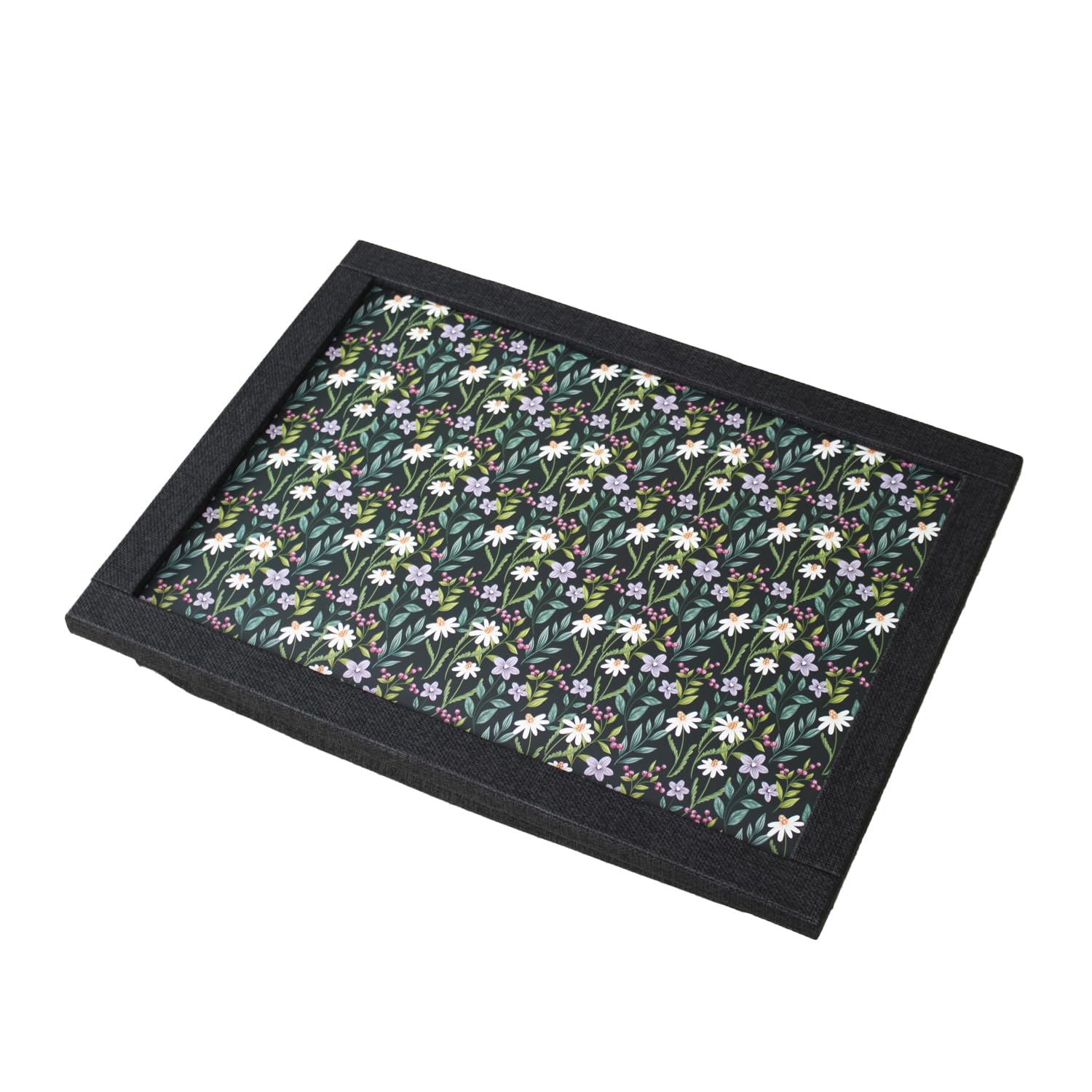 Darthome Black, Blue, Green Wildflowers Cushioned Laptray 44X34cm Textured Faux Leather Floral Dinner Laptop Tray