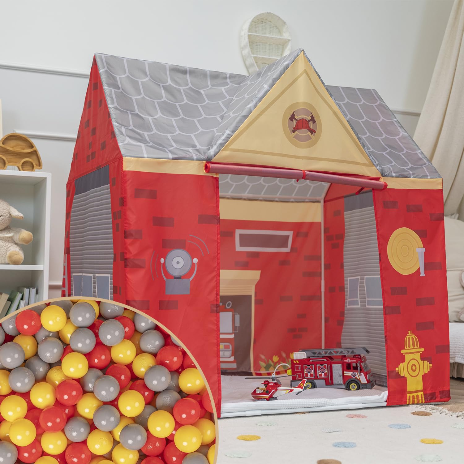 Selonis Playhouse Play Tent For Kids With 100 Balls Fire Station Durable And Creative Adventure Space Realistic Fire Truck Details Easy Assembly For Indoor And Outdoor