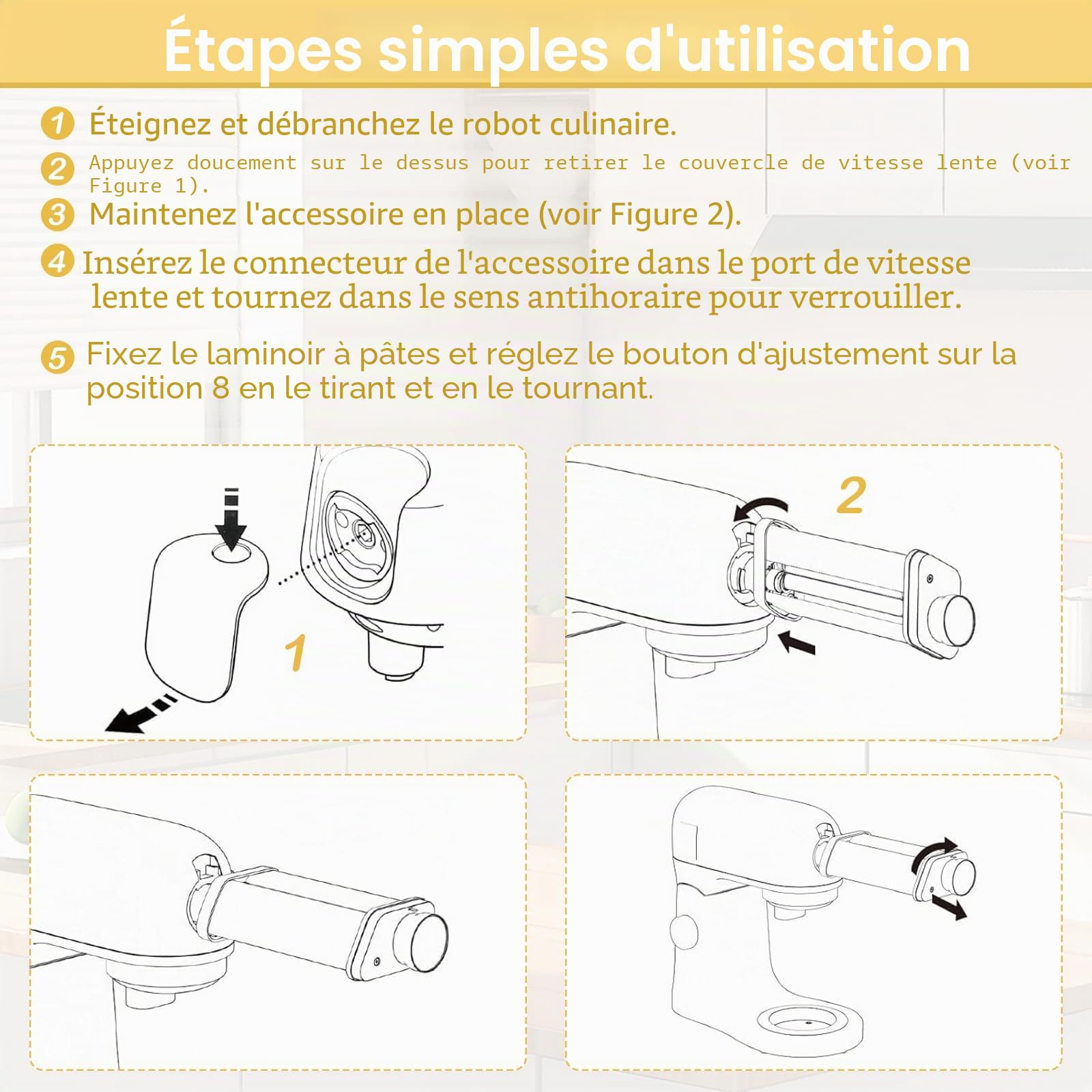 Accessoire Pâtes Inox 304 pour Robot Kenwood, Machine à Pâtes avec Bouton, 8 Épaisseurs Réglables, Laminoir à Pâtes pour Accessoires Kenwood Kmix/Chef, Argent
