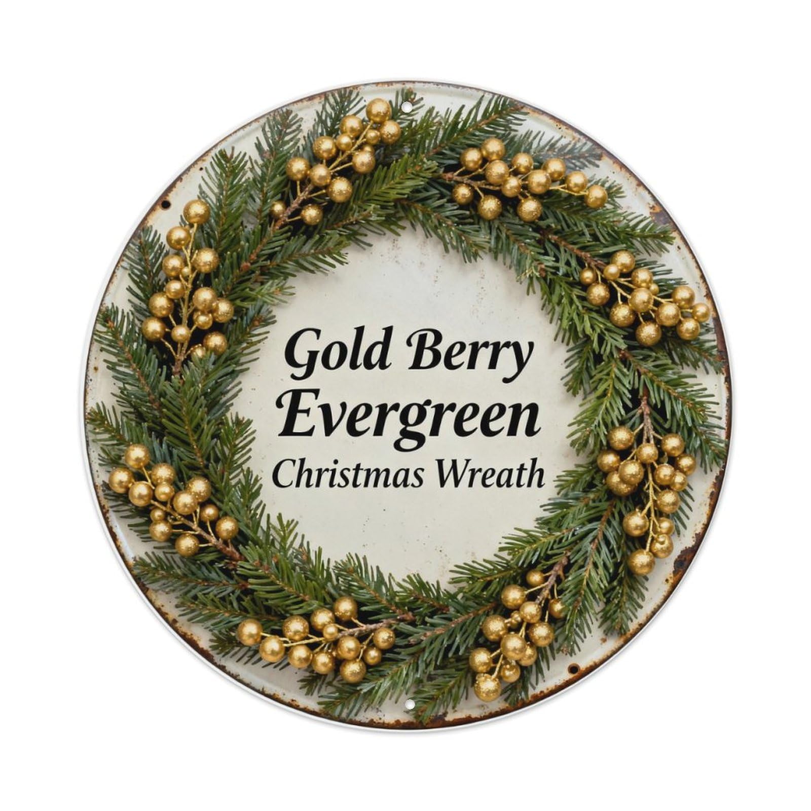 Gold Berry Evergreen Christmas Wreath Metal Tin Sign Plaque