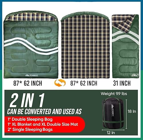 Miniatura 6 de IFORREST Saco de dormir doble de franela de algodón para adultos – 2 personas 10°F cama de campamento para clima frío – Extraancho y cálido tamaño