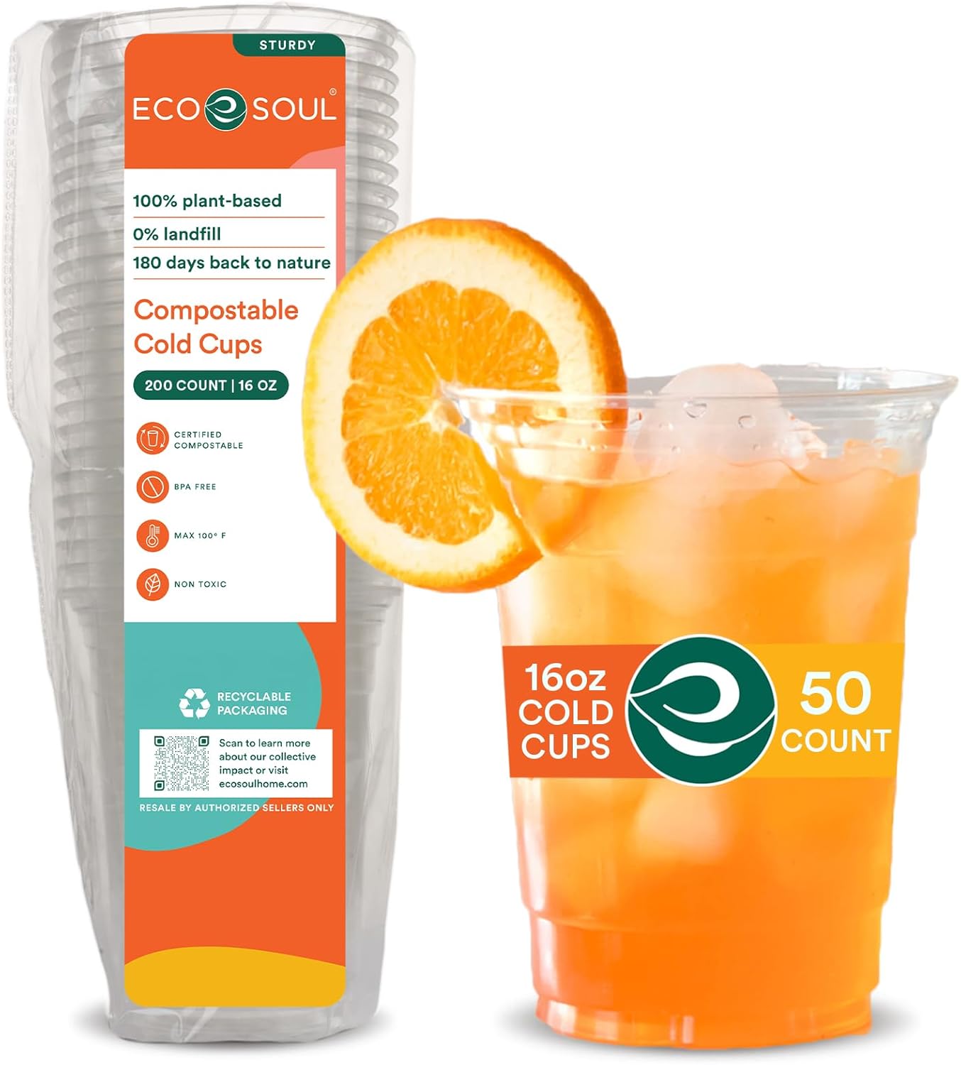 ECO SOUL 50 Pack Compostable Party Cups 16 oz Plant-Based Disposable Clear Cold Cup for Wine, Coffee, Smoothie & Soda Drinks | Cocktail Parties & Birthdays | Non-Toxic & BPA-Free Zero Plastic Glass
