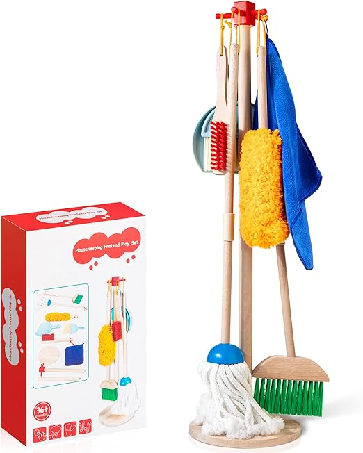 Wooden Kids Cleaning Set for Toddlers,8 Pieces Montessori Cleaning Toys with Kids Broom and Mop Set, Housework Pretend Play Toy Gift for Boys Girls Ages 3+
