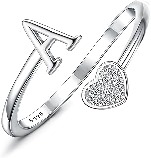 925 Sterling Silver Initial Rings for Women Teen Girl 18K Gold Plated Heart Letter Rings Adjustable Capital Letter Ring Stackable Thumb Pinky Rings for Mothers Daughter Birthday Bridesmaid Gifts Jewelry