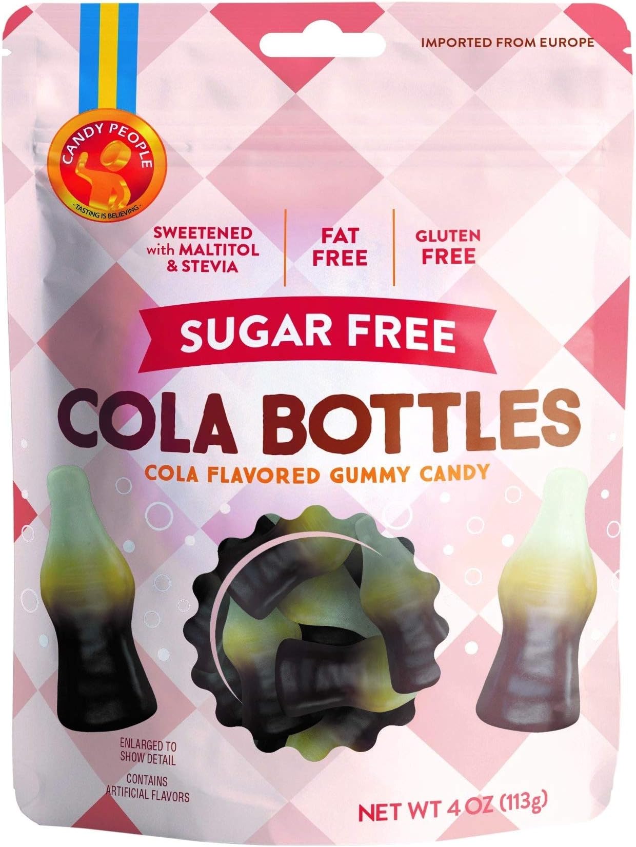 Candy People Sugar Free Cola Bottles Gummy Candy, 4 Ounce Resealable Pouch รขโฌโ Gluten-Free and Fat-Free
