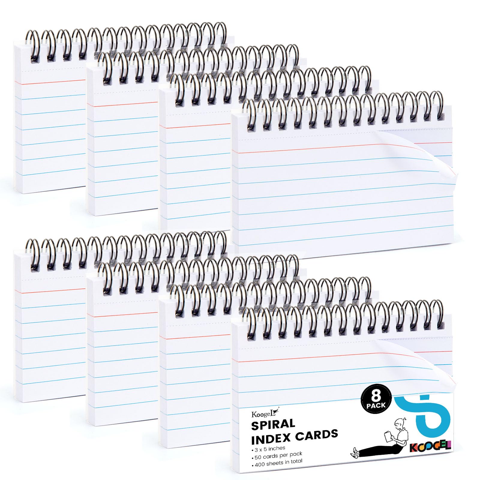 Koogel 400PCS Index Cards 3x5, Flash Cards with Waterproof Covers for Back to School, Lined Heavy Weight Notecards Ruled Study Flashcards with Spiral for Students Teachers Studying Learning, White