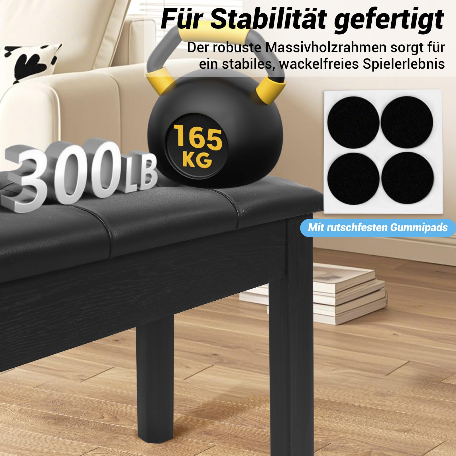 SUNDOY 75 cm Klavierbank aus Massivholz – Schwarzer Klavierhocker mit Weichem Sitzkissen – Modernes, minimalistisches Design, Korrosionsbeständig & Stabil – Für E-Piano & Keyboard, Schwarzer