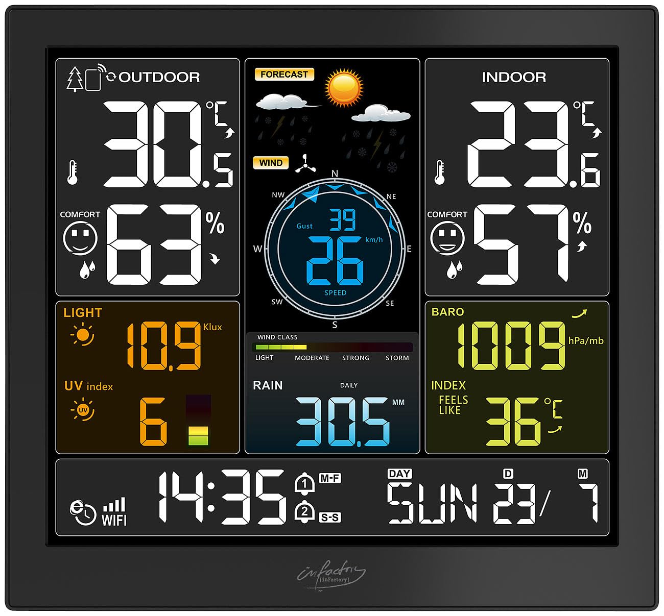 infactory Wetterstation Smart: WLAN-Funk-Wetterstation mit XL-Farbdisplay, App, Weather Underground (mit Regenmesser, Profi, fws)