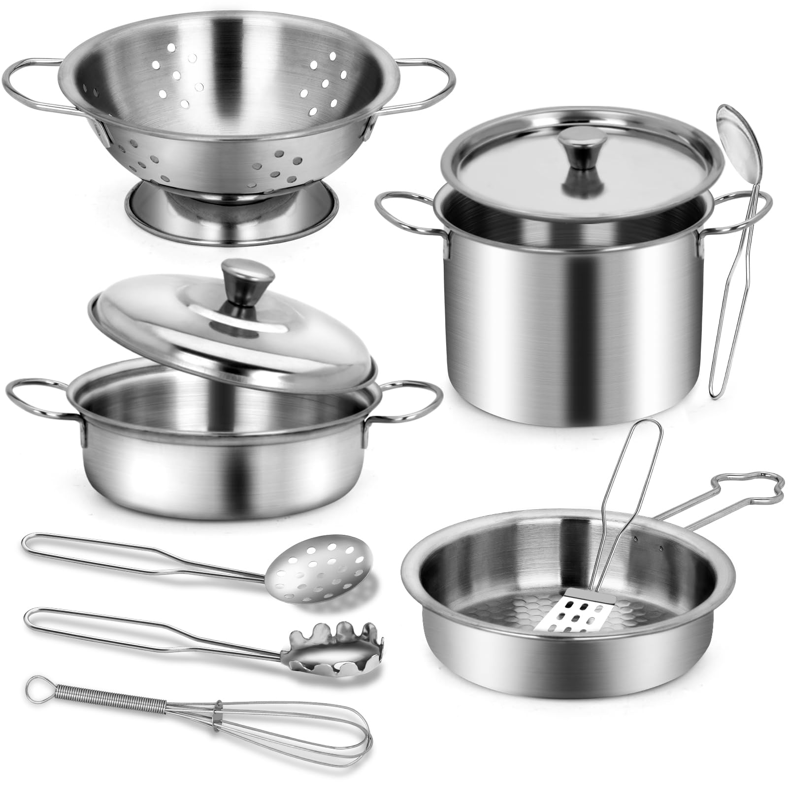12Pcs Kids Pots and Pans Playset, Pretend Play Kitchen Set Toy Stainless Steel Pots and Pans Cooking Toys Accessories for Kids Toddler Age 3 Years Old